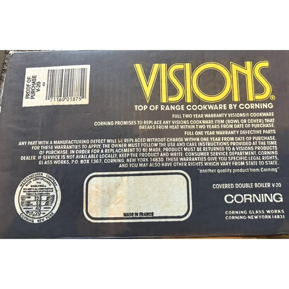 NOS Corning Vision Amber V-20 3 pc Double Boiler 1.5L Pot Sauce Pan & Lid FRANCE